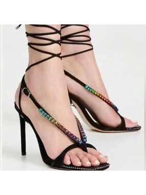 NEW Schutz Vikki Crystal Sandal Rainbow Gems Black Nubuck Straps Size 10